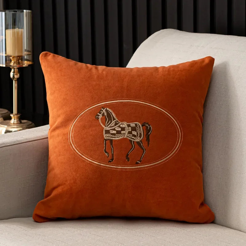 Elegant American Hand-Embroidered Cushion Cover with Horse Design, Perfect for Sofa Home Office Living Room or Car Size 45x45cm